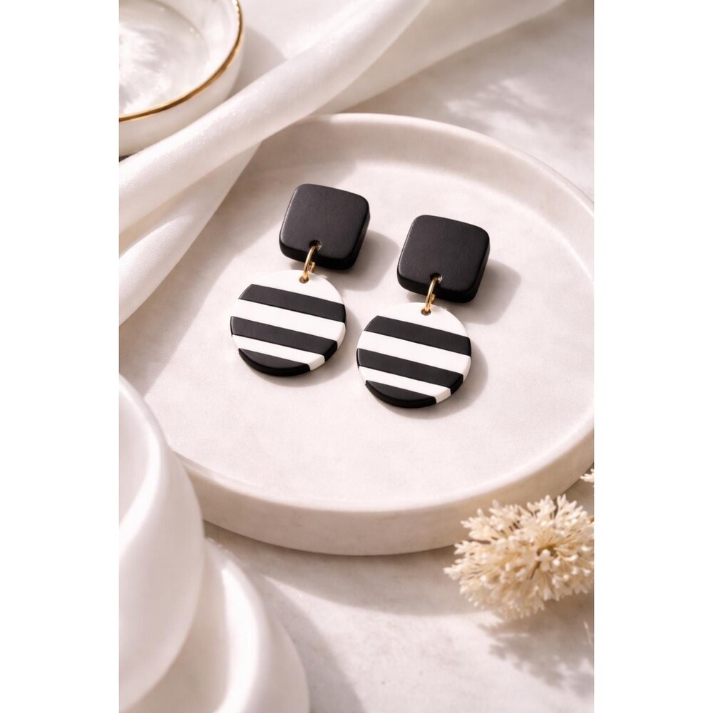 Black White Striped Statement Earrings | Modern Minimalist Clay Dangles